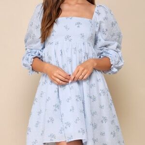 Lulus Always Charming Light Blue Floral Swiss Dot Babydoll Dress - Size M